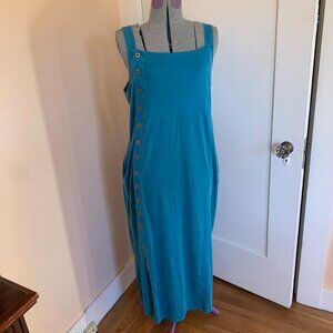 Maxi Dress L 100% Cotton Jersey Knit Button Up Side Pockets Teal Green Lagenlook